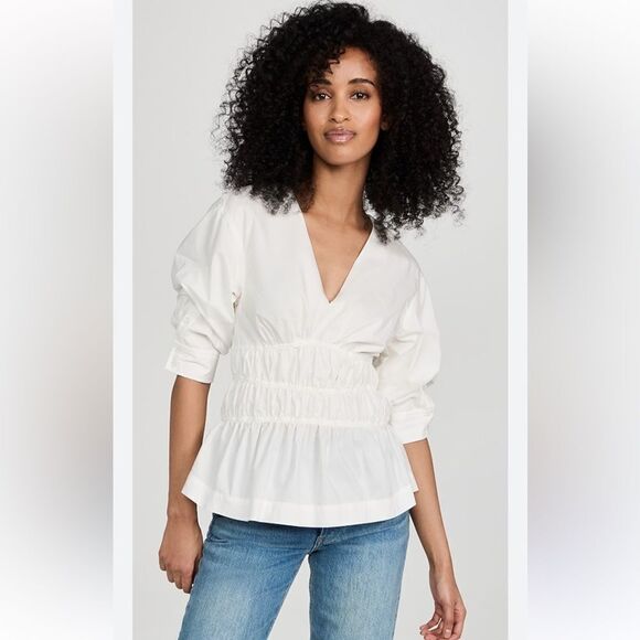 NEW Jonathan Simkhai Yuni Cotton Poplin Ruched Blouse White Size 8 - Picture 1 of 13